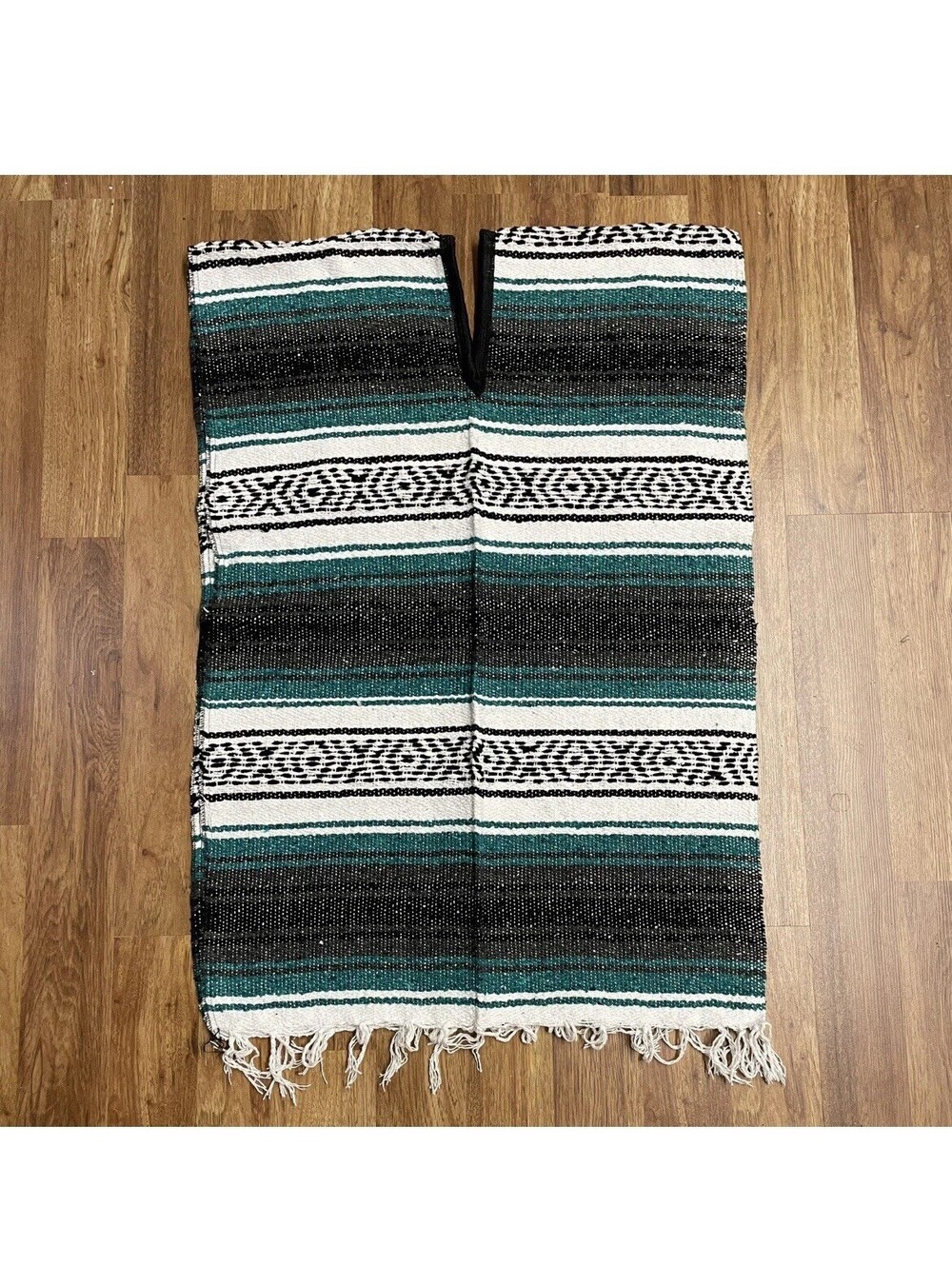 Mexican Falsa Blanket PONCHO Green / Gray Vest Hippie / Camping / Beach Unisex